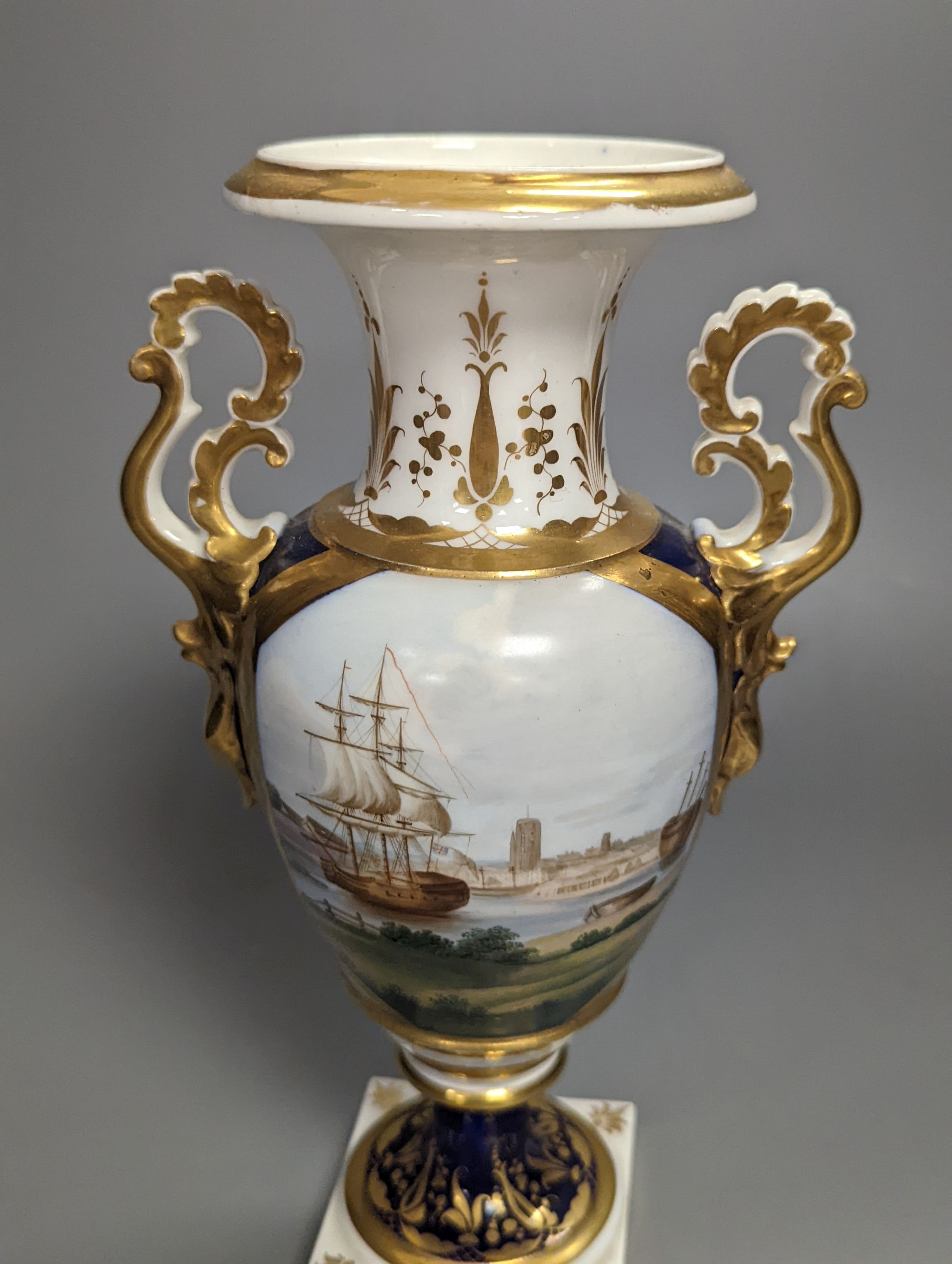 A Grainger Lee & Co. vase, painted with a view of Bristol Harbour and a sailing ship, c.1814-39, titled Bristol and Grainer in red script, height 23cm